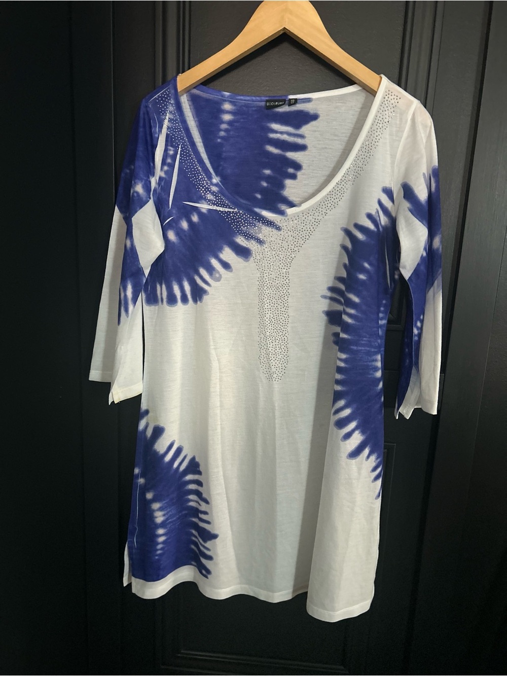 Blue Tie-Dye V-Neck Women's Top with Rhinestone Detail